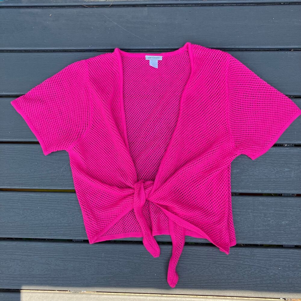 Y2K hot pink open knit short sleeve waist tie top cardigan, beach summer